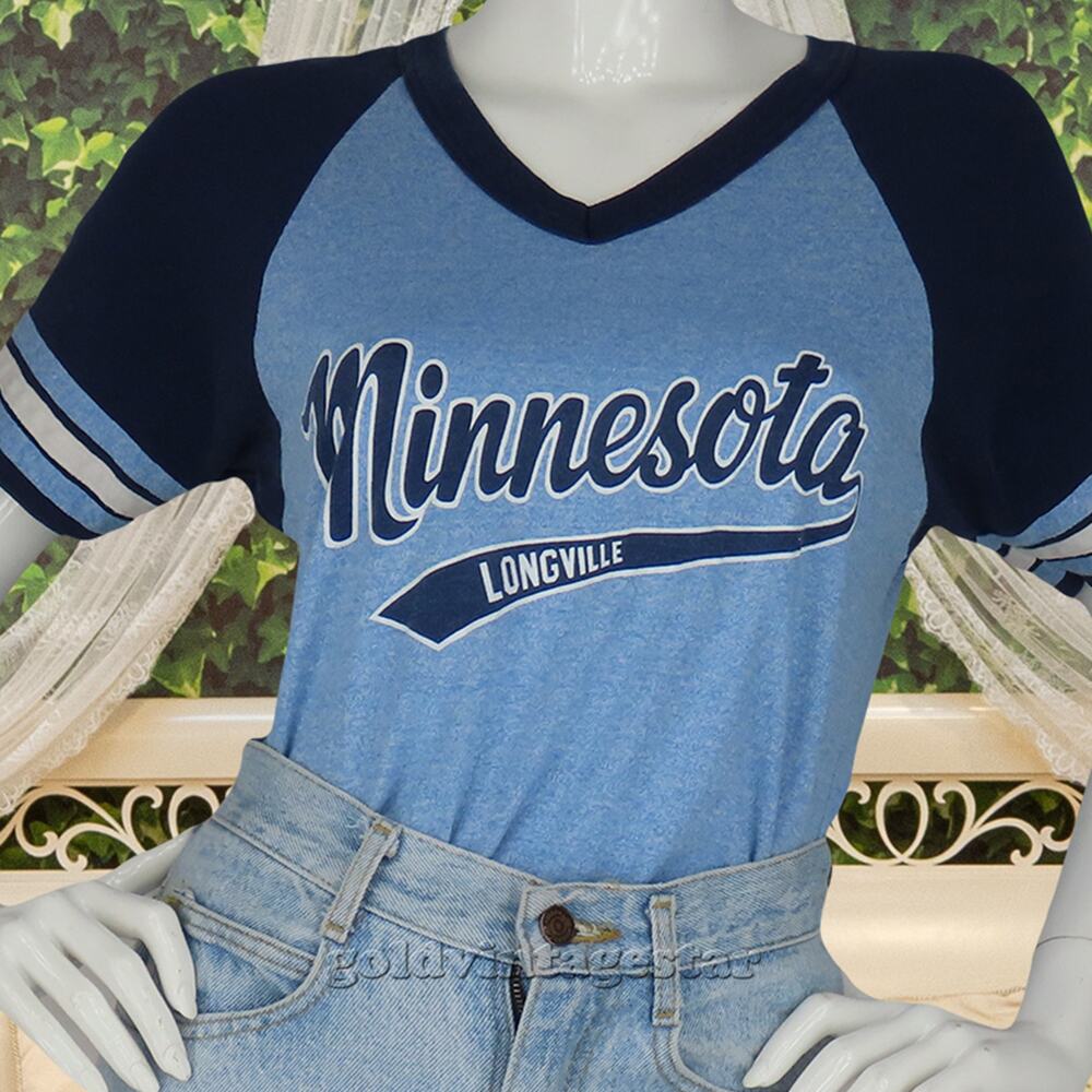 Vintage Minnesota Longville Striped Blue V Neck Tee Top S
